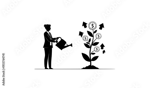 Financial Investment Growth Concept Businessperson Watering Money Plant Vector Illustration