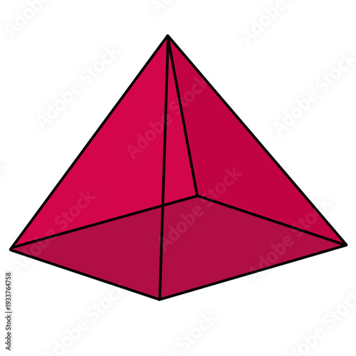 3D magenta pyramid illustration with black outlines, isolated on a white background. Minimalist geometric vector shape of a four-sided pyramid.