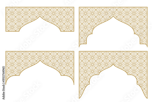 Window ornaments with Arabic motifs or patterns, silhouette elements, Ramadan design decorative frames, Islamic symbols or backgrounds