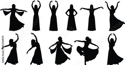 Elegant collection of twelve female dancer silhouettes in flowing dresses, showcasing graceful choreography, expressive movement, 