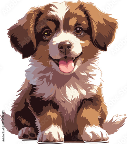 Cute puppy sitting with tongue out, warm brown tones, sticker style