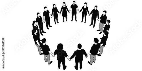 Community circle illustration, black white line art, people unity motif, teamwork artwork, solidarity design, togetherness symbol, decorative motif, flat vector drawing