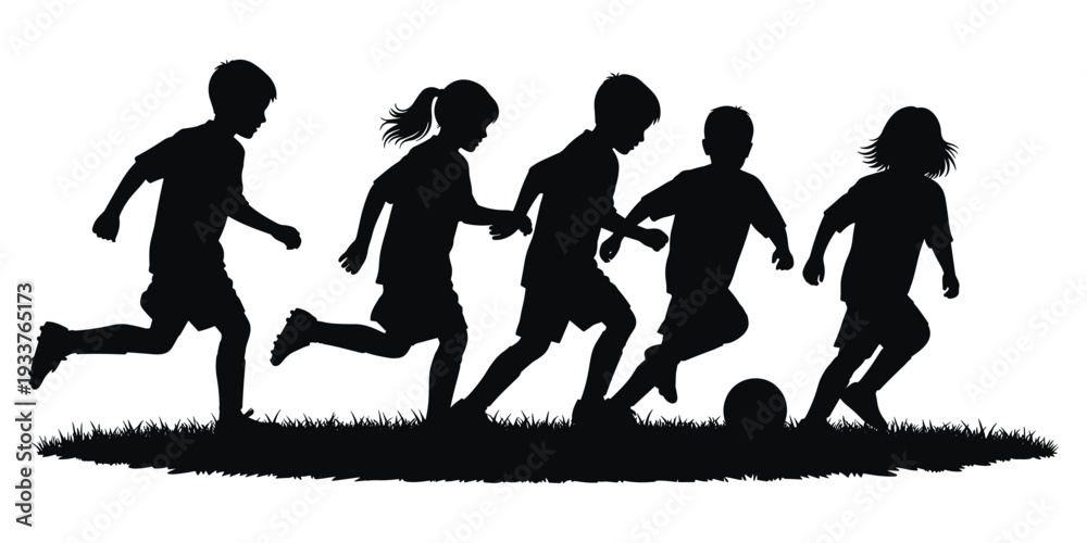 Obraz premium Flat vector illustration of children playing soccer outdoors, active silhouettes running on grassy field, teamwork, childhood recreation, sports activity