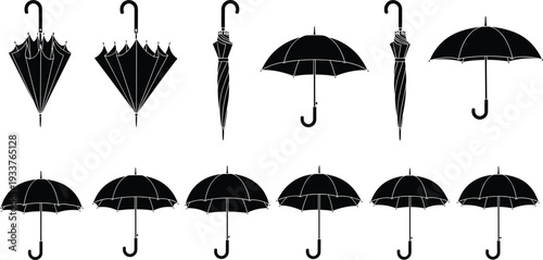 Black umbrella icon collection showing open and closed umbrellas, minimal flat vector silhouettes isolated on white background, perfect for weather, rain, protection, safety, and insurance design 
