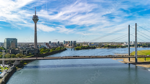 Dusseldorf city skyline aerial drone view from above, Medienhafen, bridge and river Rhine, Germany 
