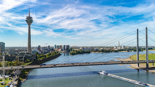 Dusseldorf city skyline aerial drone view from above, Medienhafen, bridge and river Rhine, Germany 