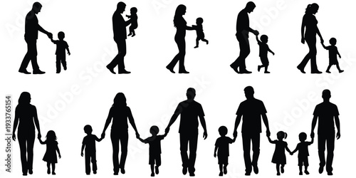 Family silhouette illustration, parenting lifestyle artwork, child development design tribute, generational bond graphic, household unity concept, parental care theme flat vector illustration