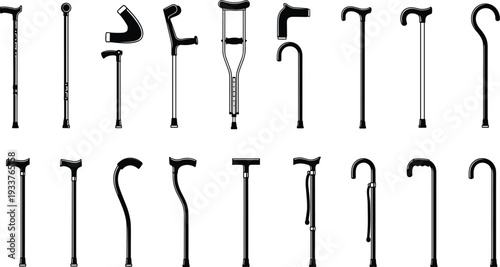 Black walking cane and crutch silhouette icon set featuring mobility aids in multiple styles, minimal flat vector collection isolated on white background for healthcare design