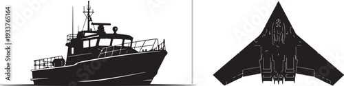 A black and white vector set featuring a bold silhouette of crossed rifles on the left and a detailed line-art technical drawing of a C-130 Hercules cargo aircraft on the right.