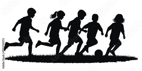 Flat vector illustration of children playing soccer outdoors, active silhouettes running on grassy field, teamwork, childhood recreation, sports activity
