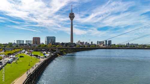 Dusseldorf city skyline aerial drone view from above, Medienhafen, bridge and river Rhine, Germany 