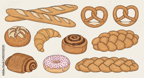 Assorted baked goods including bread, pastries, and sweet treats.