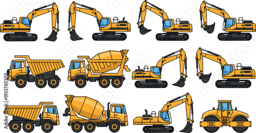 Heavy construction machinery collection featuring excavators, dump trucks, concrete mixer truck and road roller vehicles isolated set for mining, building, engineering and earthmoving industry