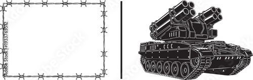 Black and white vector art featuring a rectangular barbed wire border next to a detailed illustration of a mobile surface-to-air missile launcher system on tracks.