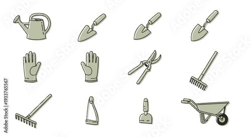 Collection of gardening tools and equipment icons.