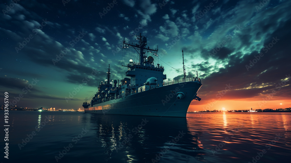 Fototapeta premium War concept. Night battle scene at sea. Silhouette of the battle ship in night.