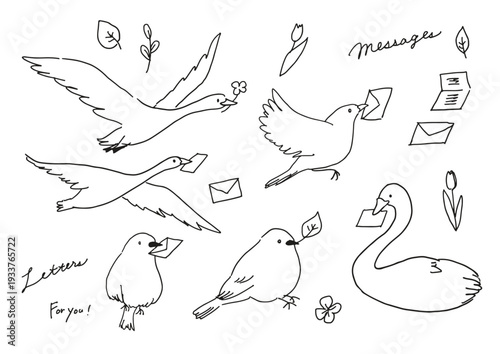 Bird Collection. Hand-drawn line art illustration. A little bird delivering a letter.
