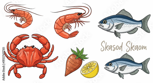 Assorted seafood and ingredients illustration.