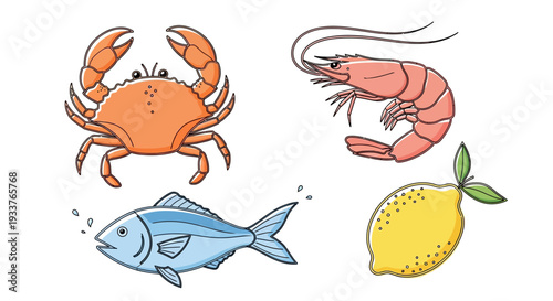 Colorful cartoon seafood and lemon illustration set.