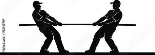 Black Vector Silhouette of Two Men Pulling Rope in Tug of War Competition Isolated on White Background for Teamwork Concept