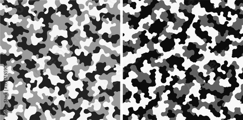 A set of black, white, and gray camouflage patterns in two variations, featuring organic, blotchy shapes ideal for tactical or military-themed backgrounds.