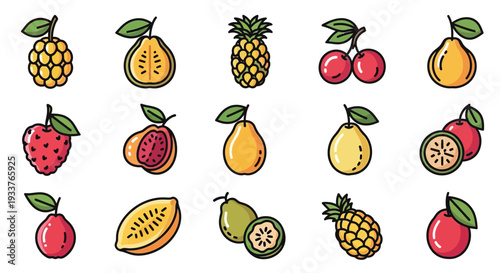 A threerow grid of fifteen stylized icons depicting various whole and sliced tropical fruits