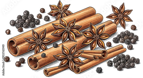 Cinnamon sticks and star anise with peppercorns on white background.