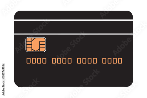 Black debit card icon with electronic chip and numbers on transparent background