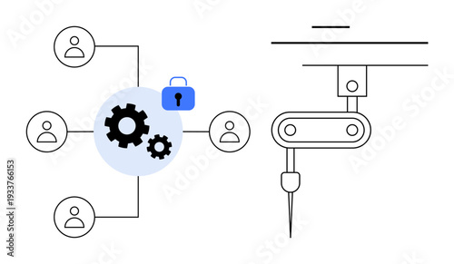 Cybersecurity, automation, data privacy, secure processes, workflow management, technology integration. Gears, lock icon robotic arm interconnected users. Cybersecurity and automation concept