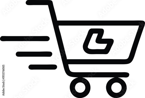 A fast black line art shopping cart dashes to deliver the package speedily