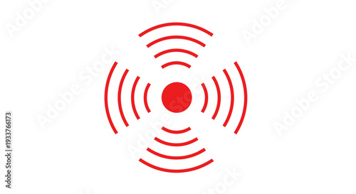 Red circular signal icon with radiating concentric waves, vector graphic symbol.