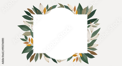 Square frame with green leaves and orange flowers on white background.