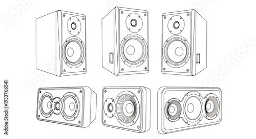 Six illustrated speaker units shown from multiple angles, highlighting design and components.