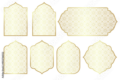 Window ornaments with Arabic motifs or patterns, silhouette elements, Ramadan design decorative frames, Islamic symbols or backgrounds