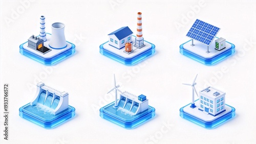 Blue renewable energy infrastructure icons set with power plant, solar panels and wind turbines