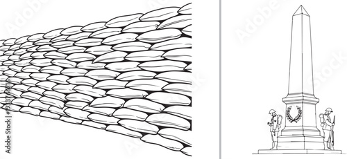 A black and white vector set featuring a detailed wall of stacked sandbags for defense and a solemn military monument obelisk flanked by two standing soldiers in profile.