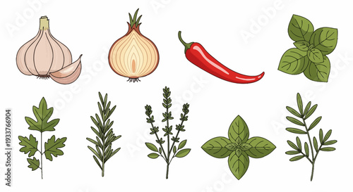 Assorted herbs and spices for cooking and garnishing dishes.