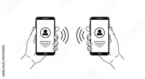 Two people compare devices exchanging signals with smartphones in a modern tech interaction scene.