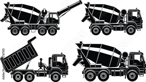 Black Vector Silhouettes of Concrete Mixer Trucks and Dump Truck for Construction Industry Design Projects Isolated on White Background Graphics