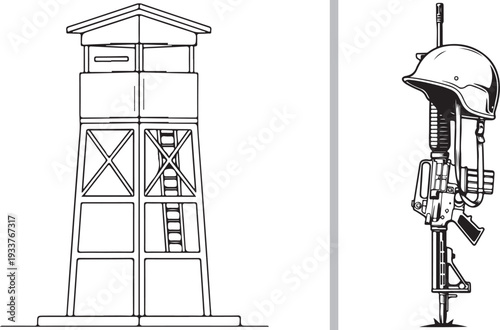 A black and white vector set featuring a detailed line-art military watchtower with a ladder on the left, and a solemn battlefield cross memorial with a helmet resting on a rifle on the right.