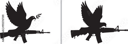Black and white vector silhouettes depicting a peaceful dove carrying an olive branch perched atop a rifle, contrasted with a second dove landing on a weapon.