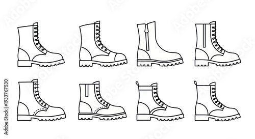 Set of line art combat boots, various styles, isolated on white background