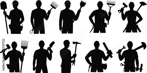 Construction and gardening workers silhouette set, professional laborers holding shovel rake hammer tools, black vector illustration isolated on white background