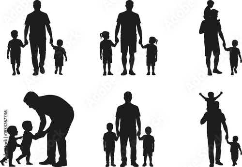 Father with Two Kids Silhouette – Family Parenting Vector Illustration
