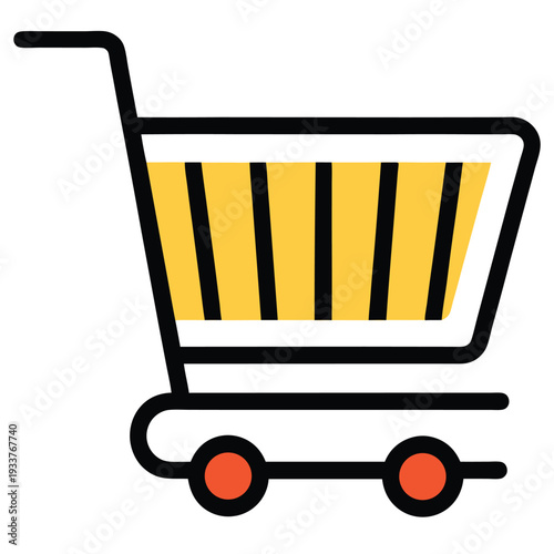 A vibrant shopping cart with yellow stripes and bright red wheels is displayed
