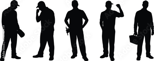 Construction engineer and worker silhouettes set, professional contractors with toolbox helmet communication poses, industrial black vector illustration isolated on white background