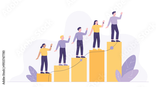 People standing on growing bar chart representing business growth and progress