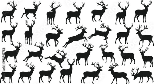 Large vector collection of black deer silhouettes with antlers in various poses including standing running and jumping for wildlife nature hunting and forest designs.