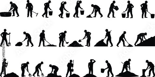 Construction laborer silhouettes set, workers digging shoveling carrying buckets and tools, industrial manual labor team black vector illustration isolated on white background