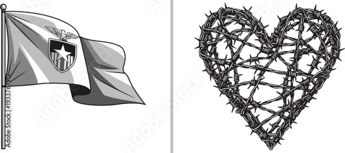 Black and white vector art showcasing a waving patriotic flag with a star and eagle emblem next to a heart-shaped design woven from sharp barbed wire.